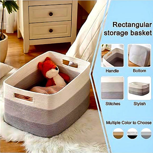 Large Woven Cotton Basket Blanket Toys Handles Gradient Gray 22”x17”x12” - Picture 3 of 8